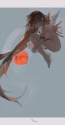 1girl absurdly_long_hair absurdres angel_wings asymmetrical_wings breasts brown_hair closed_mouth commentary commentary_request commission completely_nude english_commentary expressionless floating_hair flower from_side full_body grey_background highres hugging_own_legs lily_(flower) long_hair looking_at_viewer looking_to_the_side medium_breasts mismatched_wings mixed-language_commentary nude plant_wings purple_eyes r!ne sayonara_wo_oshiete single_feather solo sugamo_mutsuki tentacles very_long_hair white_flower wings