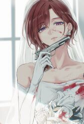 1girl absurdres blood blood_on_clothes blood_on_face bridal_veil brown_hair closed_mouth dress flower glint gloves gun handgun highres higuchi_madoka holding holding_gun holding_weapon idolmaster idolmaster_shiny_colors mole mole_under_eye off-shoulder_dress off_shoulder purple_eyes rose short_hair solo sushizanmai_(sorahaaoi7) veil weapon white_dress white_flower white_gloves white_rose