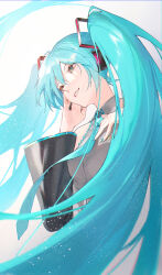 1girl aqua_eyes aqua_hair aqua_nails aqua_necktie bare_shoulders black_sleeves blue_eyes detached_sleeves grey_shirt hair_between_eyes hair_ornament hatsune_miku headphones headset highres long_hair miku_day necktie shirt sleeveless sleeveless_shirt smile solo twintails vocaloid white_background zonotaida