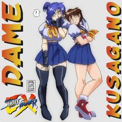 Rule 34 | !, 1990s (style), 2girls, blair dame, blue hair, boots, breasts, brown hair, capcom, constricted pupils, crossed arms, english text, fighting ex layer, fingerless gloves, gloves, green eyes, grin, hairband, hand on own face, highres, kasugano sakura, large breasts, legs, midriff, multiple girls, navel peek, one eye closed, ponytail, retro artstyle, short hair, smile, street fighter, street fighter ex (series), surprised, thighs, wide-eyed, wink