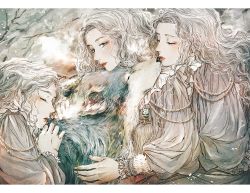2018 3girls animal blush chinese_zodiac dress closed_eyes grey_eyes hug jewelry kobone_awaki long_hair multiple_girls original parted_lips snow tassel upper_body wavy_hair white_dress white_hair wolf year_of_the_dog