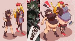 ! 2girls absurdres alunya animal_ears ass_expansion belt beret black_dress black_hair blonde_hair bob_cut book boots breast_expansion cat_ears cat_tail cloak collared_shirt comic dress eyelashes formal_clothes grey_dress hardkoba hat highres leftypol long_sleeves mask multiple_girls necktie open_hand original pantyhose parted_bangs red_belt red_eyes red_hat rodina shirt shoes short_sleeves surprised tail weight_gain