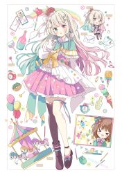 &gt;_&lt; 2girls absurdres asymmetrical_footwear balloon blush boots bottle bow bowtie brown_boots brown_hair brown_shoes brown_thighhighs candy capelet carousel chibi closed_eyes commentary commission computer_mouse crown cup donut drinking_glass food food-themed_hair_ornament full_body green_capelet green_eyes green_hair green_nails green_ribbon hair_ornament heart heart_hair_ornament heterochromia highres ice_cream_hair_ornament indie_virtual_youtuber leg_ribbon lollipop long_sleeves looking_at_viewer mismatched_footwear multicolored_hair multicolored_nails multiple_girls multiple_views nail_polish open_mouth pink_bow pink_bowtie pink_eyes pink_hair pink_nails pink_skirt pleated_skirt pocky ribbon shirt shoes single_thighhigh skeb_commission skirt sleeves_past_wrists standing star_(symbol) star_hair_ornament thigh_ribbon thighhighs tsukiyo_(skymint) virtual_youtuber wand white_background white_bow white_bowtie white_shirt wine_bottle wine_glass yellow_bow yumesaki_yun