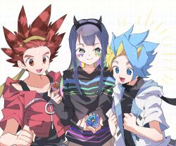 1girl 2boys beyblade beyblade_(object) beyblade_x black_hair black_shirt blonde_hair blue_eyes blue_hair brown_eyes cowboy_shot fake_horns green_eyes group_picture highres hood hooded_jacket horns jacket kazami_bird kurosu_ekusu long_hair multicolored_hair multiple_boys nanairo_multi purple_hair red_hair red_jacket shirt short_hair simple_background spiked_hair teshibe_xxx two-tone_hair white_background white_jacket