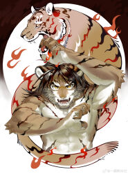 1boy abs absurdres animal_ears arknights bara beard chinese_commentary claws commentary_request facial_hair fangs fire furry furry_male highres huai_tianpei_(arknights) looking_at_viewer male_focus muscular muscular_male open_mouth pectorals tail tiger tiger_boy tiger_ears tiger_stripes tiger_tail topless_male upper_body watermark weibo_watermark yi_tan_a_mi_ba