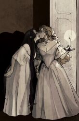 2girls acousticmalta blush breasts candle carmilla_(novel) carmilla_(novel)_(character) cleavage closed_eyes collar commentary dress english_commentary grey_dress highres holding holding_another&#039;s_wrist holding_candle kiss large_breasts long_hair mole mole_under_eye multiple_girls night off-shoulder_dress off_shoulder white_dress yuri