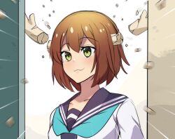 1girl :3 antlers aqua_neckerchief blue_sailor_collar blurry blurry_foreground bob_cut breasts broken broken_antler brown_hair close-up closed_mouth collared_shirt commentary deer_antlers deer_girl depth_of_field doorway dress_shirt english_commentary eyelashes green_eyes highres hinghoi horns light_blush looking_ahead medium_breasts neckerchief notice_lines open_door sailor_collar school_uniform serafuku shards shikanoko_noko shikanoko_nokonoko_koshitantan shirt short_hair sliding_doors smile solo white_shirt
