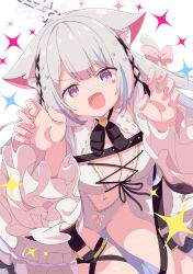 1girl absurdres animal_ear_fluff animal_ears blue_hair bow breasts cat_ears cat_girl cat_tail claw_pose cleavage clothing_cutout commission dress fang grey_hair halo heart highres large_breasts leotard long_hair looking_at_viewer multicolored_hair navel navel_cutout open_mouth original pink_eyes pink_hair pink_nails purple_eyes shiro9jira skeb_commission skin_fang smile solo sparkle streaked_hair tail white_dress