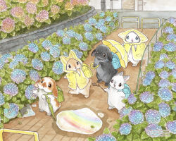 absurdres animal animal_focus berry_jou colored_pencil_(medium) commentary_request flower highres holding holding_stick holding_umbrella hydrangea no_humans original painting_(medium) puddle rabbit raincoat snail stick traditional_media umbrella watercolor_(medium) yellow_raincoat