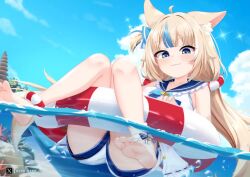 1girl :d animal animal_ear_fluff animal_ears animated barefoot blonde_hair blue_eyes blue_hair blue_nails blue_sailor_collar blue_sky cat_ears chrisandita claw_pose cloud coral day fangs fish frilled_sailor_collar frills half-closed_eyes indie_virtual_youtuber innertube knees_together_feet_apart knees_up live2d long_hair looking_at_viewer multicolored_hair nail_polish one_side_up open_mouth outdoors partially_underwater_shot sailor_collar sameko_saba shirt short_shorts shorts sky sleeveless sleeveless_shirt smile soles solo streaked_hair swim_ring tagme toenail_polish toenails very_long_hair video virtual_youtuber white_shirt white_shorts