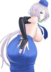 Rule 34 | 1girl, ass, black gloves, blue eyes, blue sky, breasts, brid (nikke), colored inner hair, commentary, elbow gloves, foguma, from behind, gloves, goddess of victory: nikke, green hair, grey hair, hat, highres, large breasts, long hair, mini hat, multicolored hair, partially fingerless gloves, sideboob, simple background, sky, solo, two-tone hair, white background