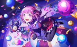1girl :d ball black_shoes chair colorful_palette confetti dress dutch_angle facepaint from_above game_cg hair_ornament highres juliet_sleeves kneeling long_sleeves looking_at_viewer monkey official_art on_ball ootori_emu open_mouth pink_eyes pink_hair project_sekai puffy_sleeves purple_dress shoes smile solo star_(symbol) ten_no_hate_no_phoenix_e_(project_sekai) third-party_source tongue