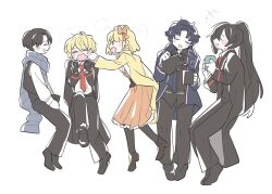 1girl 4boys :d black_coat black_gloves black_hair black_pants black_pantyhose black_shirt black_shoes blonde_hair blue_coat blue_hair blue_scarf braid brown_shoes chesed_(project_moon) closed_eyes coat coffee_mug collared_shirt crown_braid crying cup demian_(project_moon) dress full_body gloves green_eyes highres hong_lu_(project_moon) kojocho05 library_of_ruina limbus_company long_hair long_sleeves looking_at_another mug multiple_boys necktie open_mouth orange_dress pants pantyhose project_moon red_necktie scarf shirt shoes short_hair simple_background sinclair_(project_moon) sitting smile tiphereth_a_(project_moon) white_background white_shirt yellow_coat
