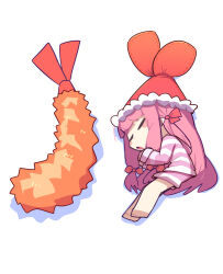 1girl :o absurdres barefoot blush_stickers chibi chibi_only closed_eyes commentary food full_body hair_ribbon hat highres konohoshi kotonoha_akane long_hair long_sleeves lying mini_person minigirl on_side open_mouth pajamas pink_hair pink_pajamas pink_shirt pink_shorts red_hat red_ribbon ribbon shirt shorts shrimp shrimp_tempura sidelocks simple_background sleeping solo striped_clothes striped_shorts symbol-only_commentary tempura voiceroid white_background