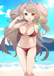 Rule 34 | 1girl, absurdres, barcode, barcode tattoo, bikini, breasts, commission, facing viewer, girls&#039; frontline, green eyes, hair bobbles, hair ornament, heterochromia, highres, ikura onigiri, jewelry, large breasts, lens flare, looking at viewer, necklace, red eyes, skeb commission, ssg3000 (girls&#039; frontline), swimsuit, tattoo, two side up