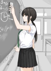1girl black_eyes black_hair black_skirt board_eraser breasts chalk chalkboard classroom door fuku_(fuku12290574) green_necktie highres holding indoors large_breasts long_hair low_ponytail necktie original pleated_skirt ponytail school_uniform shirt short_sleeves skirt standing white_shirt