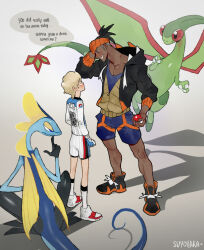Rule 34 | 2boys, age difference, artist name, blonde hair, blush, clenched teeth, collarbone, commentary, dark-skinned male, dark skin, english commentary, flygon, gen 3 pokemon, gen 8 pokemon, gloves, grey background, headband, height difference, highres, hood, hood down, hoodie, implied yaoi, inteleon, long sleeves, male focus, multiple boys, nintendo, onii-shota, orange headband, pokemon, pokemon (creature), pokemon swsh, raihan (pokemon), shadow, short hair, shorts, standing, suyohara, teeth, two-tone footwear, two-tone shorts, wide shot, yaoi