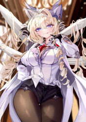 1girl absurdres black_gloves black_pantyhose black_shorts blonde_hair blue_eyes commentary cowboy_shot crown crown_(nikke) drill_hair gloves goddess_of_victory:_nikke hair_intakes highres licking long_hair pantyhose rnadudn shirt short_shorts shorts solo thighs very_long_hair white_shirt