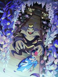1girl anklet bandeau bare_arms black_hair blue_bandeau collarbone dusclops eyelashes falling_petals gen_3_pokemon hair_ornament highres jewelry lily_pad navel nintendo open_mouth petals phoebe_(pokemon) pokemon pokemon_(creature) pokemon_oras sarong selyg15 short_hair standing water