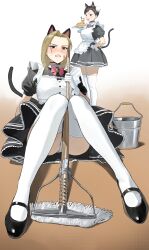 absurdres alternate_costume animal_ears apron asymmetrical_bangs bandage_on_face bandages bell black_choker black_dress black_shoes blonde_hair blue_eyes blush bow brown_hair bucket bun_cover cammy_white capcom cat_ears cat_tail choker chun-li clenched_teeth double_bun dress enmaided food frilled_apron frilled_dress frills gloves hair_bun highres holding holding_mop holding_plate ketchup knees_up kosubi_(tsuneta328) legs maid maid_apron maid_headdress mary_janes medium_hair mop neck_bell omelet omurice on_ground panties parfait plate puffy_short_sleeves puffy_sleeves shoes short_sleeves sitting street_fighter sweatdrop tail teeth thighhighs underwear white_apron white_gloves white_panties white_thighhighs wrist_cuffs