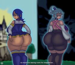 2girls aqua_(kingdom_hearts) aqua_(kingdom_hearts)_(cosplay) aqua_(konosuba) aqua_(konosuba)_(cosplay) ass ass_focus bare_shoulders bike_shorts blue_eyes blue_hair blush bottomless breasts cosplay costume_switch detached_sleeves dress embarrassed from_behind hair_rings highres huge_ass kingdom_hearts kono_subarashii_sekai_ni_shukufuku_wo! large_breasts long_hair looking_back looking_down multiple_girls naughty_face open_mouth parted_lips short_dress short_shorts shorts sideboob sketchydrawin smile smug thick_thighs thighhighs thighs very_long_hair