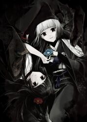 2girls black_eyes black_hair black_headwear black_kimono blunt_bangs breasts choker dual_persona eyeliner fate/grand_order fate_(series) flower ghost_hands giant_hand gradient_hair grey_hair hair_flower hair_ornament hat highres japanese_clothes kimono kino_kokko komahime_(fate) long_hair long_sleeves looking_at_viewer makeup medium_hair multicolored_hair multiple_girls obi sash sen_no_rikyu_(fate) sen_no_rikyu_(second_ascension)_(fate) small_breasts smile tassel very_long_hair wide_sleeves