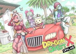 2girls 3boys 3others absurdres aqua_skin arm_tattoo bandana blonde_hair blunt_bangs bow breasts car character_request choina-choina cleavage cloud colored_skin commentary_request copyright_name crop_top crossed_legs day distan_(dq10) dragon_quest dragon_quest_x dwarf_(dq10) facial_hair facial_mark fins food fuura_(dq10) green_eyes green_hair green_skin grin hair_bow head_fins highres holding holding_food holding_popsicle horns hyuuza_(dq10) large_breasts liquid_metal_slime_(dq) long_hair looking_at_viewer looking_to_the_side maiyu_(dq10) motor_vehicle multiple_boys multiple_girls multiple_others navel ogre_(dq10) one_eye_closed palm_tree pink_bow pointy_ears popsicle purple_eyes purple_skin purple_vest red_bandana red_skin scarf shoulder_spikes silver_thighlet slime_(dragon_quest) smile spikes steering_wheel stubble tail tattoo toned toned_male trash_can tree vending_machine vest weddie_(dq10) yellow_scarf