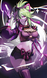 1girl absurdres black_gloves black_mask black_shorts breasts crop_top cropped_jacket fishnet_top fishnets genshin_impact gloves green_hair highres jacket kuki_shinobu looking_at_viewer mask medium_breasts midriff mouth_mask navel ninja_mask partially_fingerless_gloves purple_eyes purple_jacket purple_rope rope shimenawa short_shorts shorts solo stomach wuzhihuijia