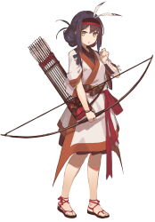 black_hair bow_(weapon) chinese_clothes chinese_empire fangdan_runiu feather_hair_ornament feathers fold-over_collar full_body hair_ornament han_dynasty hanfu headband highres original red_sandals sandals weapon white_background yellow_eyes