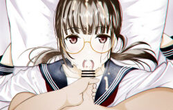 1boy 1girl bar_censor brown_eyes brown_hair censored collared_shirt cum cum_in_mouth cum_on_body cum_on_eyewear facial glasses highres long_hair looking_at_viewer low_twintails lying moonsorrow on_back open_mouth original sailor_collar school_uniform serafuku shirt teeth twintails upper_teeth_only white_shirt