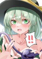 ! !! 1girl absurdres bare_shoulders black_hat black_nails blush breasts cleavage collarbone fingernails green_eyes green_hair hair_between_eyes hat hat_ribbon highres koishi_day komeiji_koishi large_breasts long_fingernails looking_at_viewer mahoro_(minase_mahoro) medium_hair nail_polish open_mouth ribbon solo spoken_exclamation_mark sweatdrop third_eye touhou upper_body yellow_ribbon
