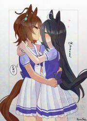 2girls absurdres agnes_tachyon_(umamusume) animal_ears arms_around_neck blush brown_hair closed_eyes commentary_request half-closed_eyes hand_on_another&#039;s_waist heart highres horse_ears horse_girl horse_tail kiss long_hair manhattan_cafe_(umamusume) medium_hair multiple_girls pleated_skirt purple_shirt red_eyes rune_salt school_uniform shirt skirt speech_bubble sweatdrop tail thought_bubble tracen_school_uniform translation_request umamusume watermark white_skirt yuri