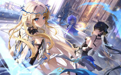 3girls absurdres back bare_shoulders black_collar black_dress black_hair black_shorts blonde_hair blue_eyes breasts cantarella_(wuthering_waves) cartethyia_(wuthering_waves) collar commentary_request crown_of_thorns dress earrings elbow_pads female_rover_(wuthering_waves) hair_ribbon highres holding holding_umbrella jewelry large_breasts lkeris long_hair looking_at_viewer looking_back low_ponytail multiple_girls parasol pointy_ears ponytail purple_umbrella ribbon rover_(wuthering_waves) shorts sidelocks tacet_mark_(wuthering_waves) umbrella very_long_hair wuthering_waves yellow_eyes yellow_ribbon