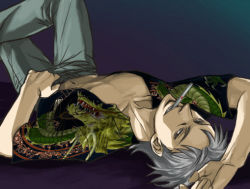 1boy akagi akagi:_yami_ni_oritatta_tensai akagi_shigeru arm_up collarbone dragon_print foreshortening fukumoto_mahjong gradient_background grey_eyes grey_pants grin looking_at_viewer looking_back lying male_focus mouth_hold navel on_back open_clothes open_shirt pants shirt short_sleeves silver_hair smile solo stomach teeth