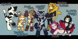 6+boys alonzo_(cats) animal_ears arm_warmers bakushi_(smys2017) blue_background body_fur cat_boy cat_ears cat_tail cats_(musical) character_name claws commentary_request deformed furry furry_male leg_warmers letterboxed looking_at_viewer male_focus mr._mistoffelees multiple_boys munkustrap plato_(cats) pouncival rum_tug_tugger short_hair tail tumblebrutus