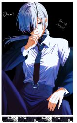 Rule 34 | 1girl, artist name, black eyes, black jacket, black necktie, black pants, black suit, chainsaw man, character name, cigarette, eyepatch, formal clothes, grey hair, highres, holding, holding cigarette, jacket, mccheese, necktie, pant suit, pants, ponytail, quanxi (chainsaw man), shirt tucked in, smoking, solo, suit, suit jacket