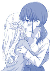 Rule 34 | 2girls, absurdres, blush, breasts, cleavage, collarbone, commentary, double bun, flying sweatdrops, hair bun, hand on another&#039;s back, highres, kiss, kissing neck, long sleeves, monochrome, multiple girls, original, pleated skirt, school uniform, skirt, sweatdrop, tottoto tomekichi, twintails, yuri
