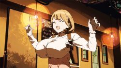 1girl :d animated animated_gif blonde_hair bouncing_breasts breasts gun handgun happy holster holstered jumping large_breasts narusawa_ryouka occultic;nine open_mouth shoulder_holster smile weapon