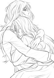 2girls absurdres bang_dream! bang_dream!_it&#039;s_mygo!!!!! blue_eyes chinese_commentary closed_mouth commentary_request cowboy_shot crying dress from_side green_hair head_on_chest hero45439083942 highres hug light_particles long_hair long_sleeves mortis_(bang_dream!) mortis_(costume)_(bang_dream!) multiple_girls nagasaki_soyo profile school_uniform tsukinomori_school_uniform wakaba_mutsumi yuri