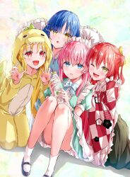 4girls animal_hood apron aqua_dress black_footwear blonde_hair blue_bow blue_bowtie blue_eyes blue_hair blue_pajamas blush bocchi_the_rock! bottle bow bowtie checkered_clothes checkered_kimono cosplay dinosaur_hood dress frilled_apron frills gotoh_hitori green_hakama hakama hakama_skirt hand_on_another&#039;s_shoulder highres holding holding_bottle holding_pillow hood ijichi_nijika japanese_clothes kigurumi kikugawa_roku kimono kita_ikuyo kneeling long_hair looking_at_viewer maid maid_apron maid_headdress multicolored_kimono multiple_girls one_eye_closed open_mouth pajamas paw_pose pillow pink_hair red_eyes red_kimono shoes sitting skirt socks thighs two-tone_kimono wa_maid waist_apron white_apron white_kimono white_socks yamada_ryo yellow_eyes