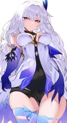1girl bare_shoulders black_leotard blue_gloves breasts commentary_request elbow_gloves genshin_impact gloves hair_between_eyes highres large_breasts leotard long_hair looking_at_viewer parted_lips purple_eyes revision shibenc16e4 simple_background skirk_(genshin_impact) solo thigh_gap thighs white_background white_hair