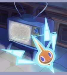 blue_eyes commentary crt dial_television dragon_star213 electricity floating gen_4_pokemon highres in-universe_location indoors letterboxed nintendo no_humans old_chateau_(pokemon) open_mouth outside_border pokemon pokemon_(creature) pokemon_dppt rabbit_ears_antenna radio_antenna rotom rotom_(normal) smile static television through_medium through_screen
