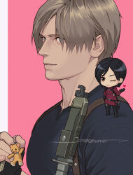 Rule 34 | 1boy, 1girl, ada wong, bear charm, black boots, black gloves, black hair, black pantyhose, black shirt, blonde hair, blue eyes, boots, border, breasts, brown eyes, chibi, closed mouth, dress, fingerless gloves, gloves, hand on own hip, harness, knife, leon s. kennedy, light smile, medium breasts, one eye closed, pantyhose, parted bangs, pink background, red dress, resident evil, resident evil 4, sardine (kjr0313), shirt, short dress, short hair, stuffed animal, stuffed toy, teddy bear, thigh boots, turtleneck, turtleneck dress, upper body, white border