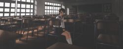 Rule 34 | 1girl, absurdres, black hair, blue sailor collar, chair, chalkboard, classroom, desk, film grain, fuura kafuka, hair ornament, highres, indoors, minami02573255, neckerchief, sailor collar, sayonara zetsubou sensei, school chair, school desk, school uniform, serafuku, shirt, short hair, sitting, skirt, smile, socks, solo, white shirt, wide shot, window, x hair ornament