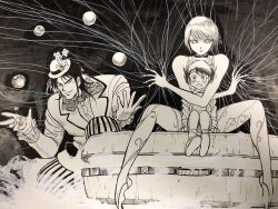 Rule 34 | 1girl, 2boys, bow, bowtie, closed mouth, fujita kazuhiro, greyscale, hat, highres, karakuri circus, katou narumi, looking at viewer, monochrome, multiple boys, official art, open mouth, puppet strings, saiga masaru, shirogane (karakuri circus), short hair, smile, striped clothes