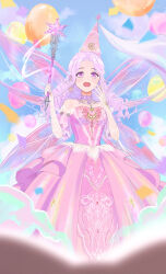 Rule 34 | 1girl, absurdres, balloon, bare shoulders, blue sky, book, choker, commentary request, confetti, crescent print, detached sleeves, dress, drill hair, elbow gloves, enchanted encounter (infinity nikki), eyelashes, fairy wings, feet out of frame, floating clothes, frilled dress, frilled sleeves, frills, gloves, gown, hand on own cheek, hand on own face, happy, hat, hat ornament, highres, holding, holding wand, infinity nikki, jewelry, kohanai setsuna, lace, lace gloves, light blush, light particles, long hair, necklace, nikki (series), open book, open mouth, pink dress, pink eyes, pink hair, pink hat, pink sleeves, pink wings, pleated sleeves, purple choker, sky, smile, smoke, solo, standing, star (symbol), star hat ornament, star necklace, star print, star wand, strapless, strapless dress, teeth, upper teeth only, veil, wand, white gloves, white veil, wind, wings