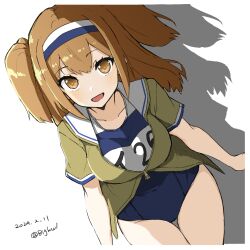 Rule 34 | 1girl, absurdres, bigkwl, blue one-piece swimsuit, breasts, brown eyes, brown jacket, cowboy shot, dated, from above, highres, i-26 (kancolle), jacket, kantai collection, large breasts, long hair, looking at viewer, looking up, new school swimsuit, one-hour drawing challenge, one-piece swimsuit, open mouth, sailor collar, school swimsuit, shadow, short sleeves, sitting, solo, swimsuit, thigh gap, twitter username, two-tone swimsuit, two side up, white sailor collar, zipper pull tab