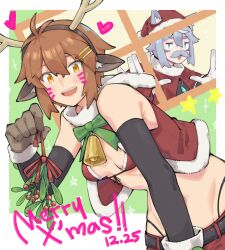 2girls absurdres animal_costume animal_ears antlers bell belt black_belt black_gloves black_panties blue_eyes blue_hair blush bow bowtie breasts brown_eyes brown_gloves brown_hair cat_ears cat_girl christmas commentary_request cowbell dated drawn_whiskers fake_animal_ears fake_facial_hair fake_horns fake_mustache flower fukana_miyu_(kokuya28) gloves green_bow green_bowtie hair_ornament hairclip highleg highleg_panties highres horns kokuya_(kokuya28) layered_gloves looking_at_viewer merry_christmas multiple_girls navel open_mouth original panties pointy_ears red_shirt red_skirt reindeer_antlers reindeer_costume santa_costume shirt short_hair skirt small_breasts smile underwear upper_body white_gloves