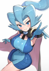 1girl absurdres black_cape blue_bodysuit blue_eyes blue_gloves blue_hair blush bodysuit breasts cape clair_(pokemon) commentary earrings gem gloves gold_hairband gonzarez hair_between_eyes hairband highres jewelry large_breasts long_hair looking_at_viewer nintendo pearl_(gemstone) pokemon pokemon_hgss ponytail sideboob smile solo thick_thighs thighs tooth_earrings unitard wide_hips