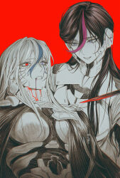 2girls 7nite absurdres armor bleeding blood blue_streaks cape chinese_commentary eva_(hundred_line) fingerless_gloves gloves greyscale_with_colored_background hair_behind_ear hair_over_shoulder heterochromia highres holding_another&#039;s_hair knife long_hair looking_at_another looking_at_object multicolored_hair multiple_girls purple_eyes purple_streaks red_background red_eyes spot_color streaked_hair sweat sweatdrop the_hundred_line_-last_defense_academy- v&#039;ehxness weibo_username
